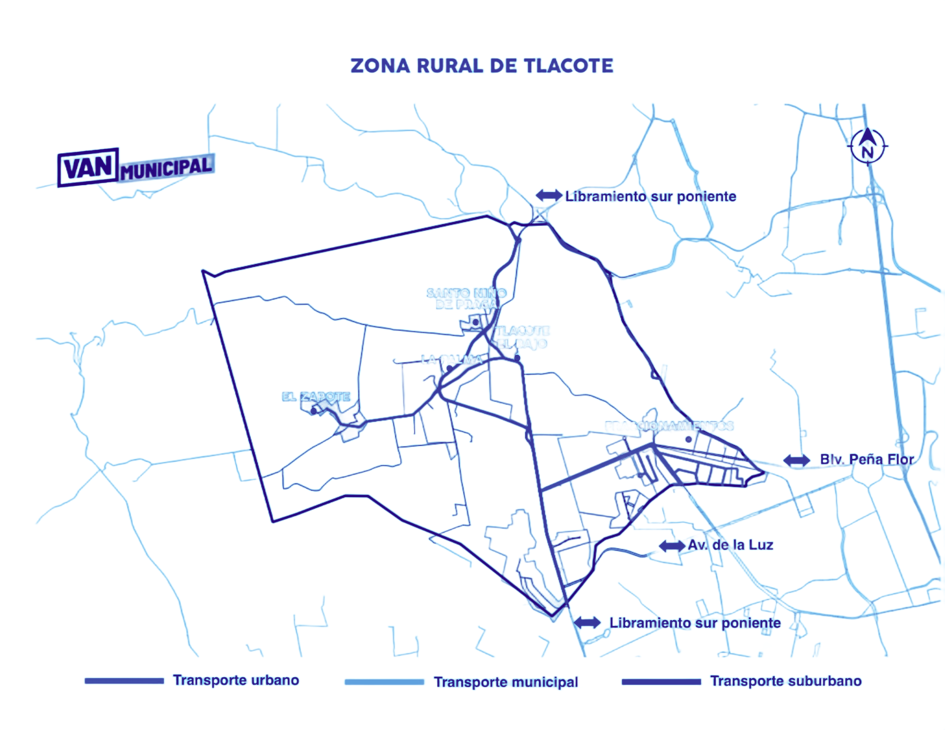 Mapa de la zona rural de Tlacote, que muestra las rutas de transporte urbano, municipal y suburbano.