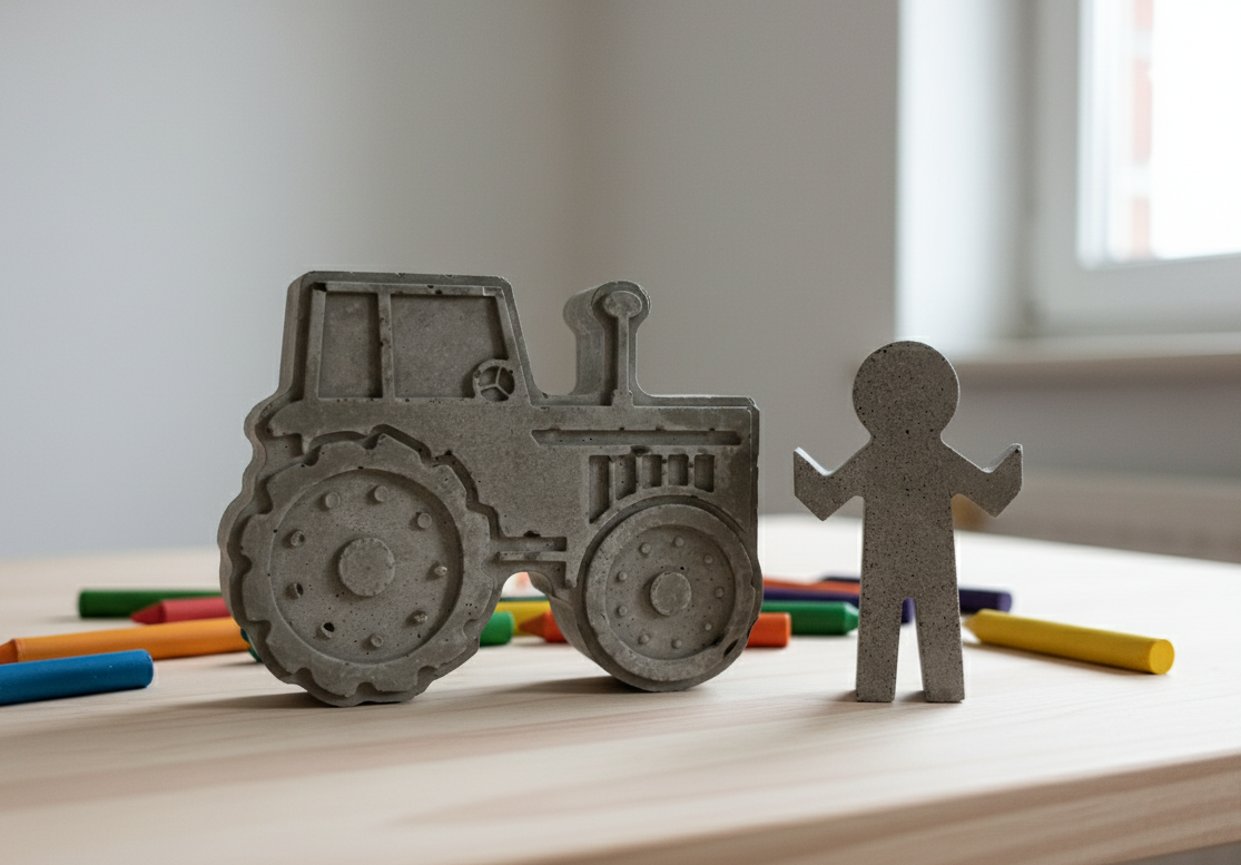 Figuras de hormigón de un tractor y de personas sobre una mesa con lápices de colores.