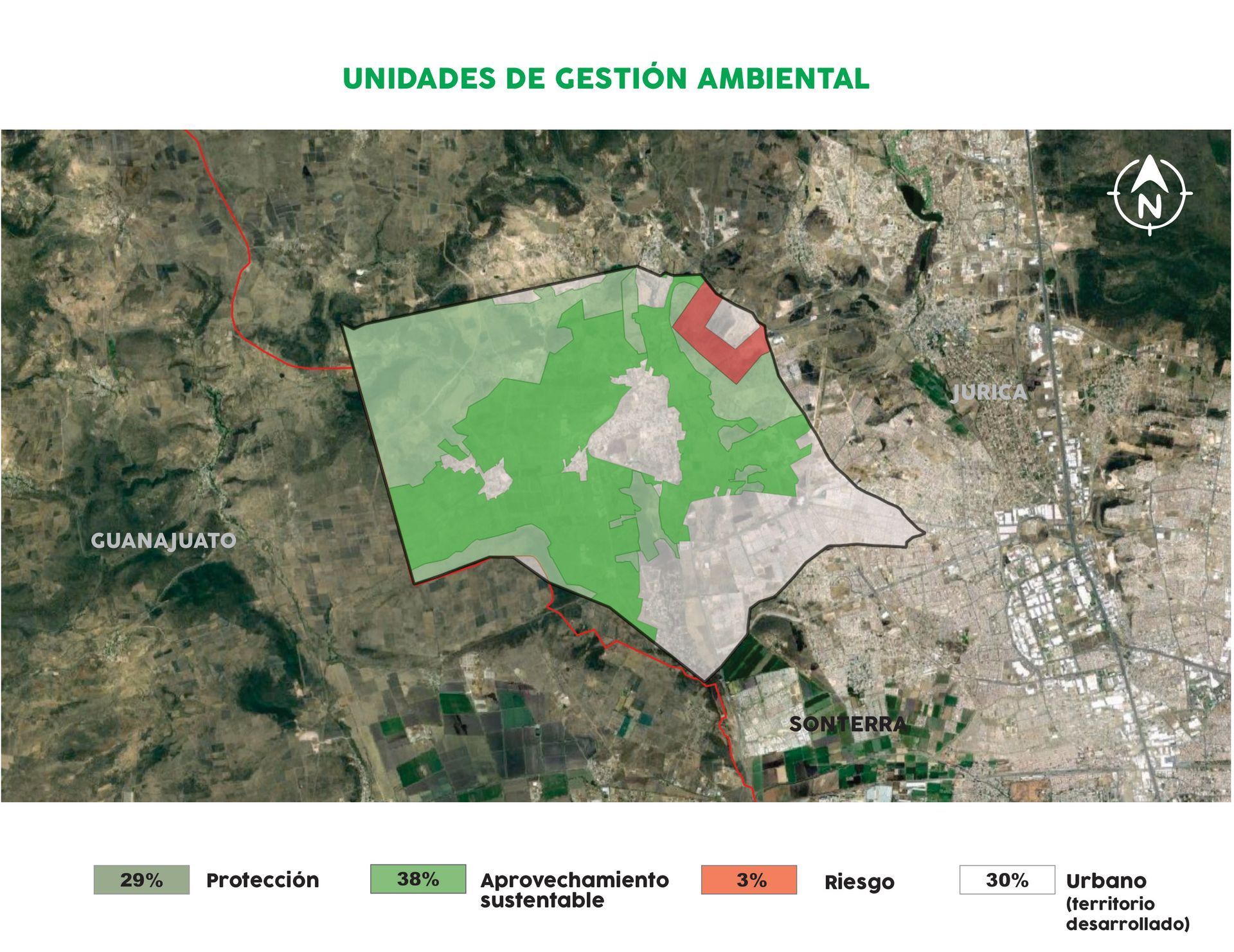 Mapa de unidades de gestión ambiental. Las áreas verdes, grises y rojas indican zonas protegidas, desarrollo urbano y riesgo.