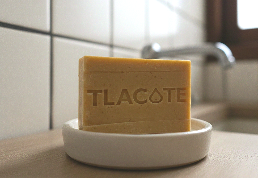 Pastilla de jabón amarilla en un plato blanco, con la inscripción