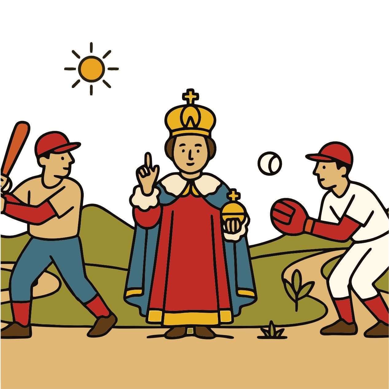 Niño con túnica real y corona, jugadores de béisbol a ambos lados, escena soleada al aire libre.