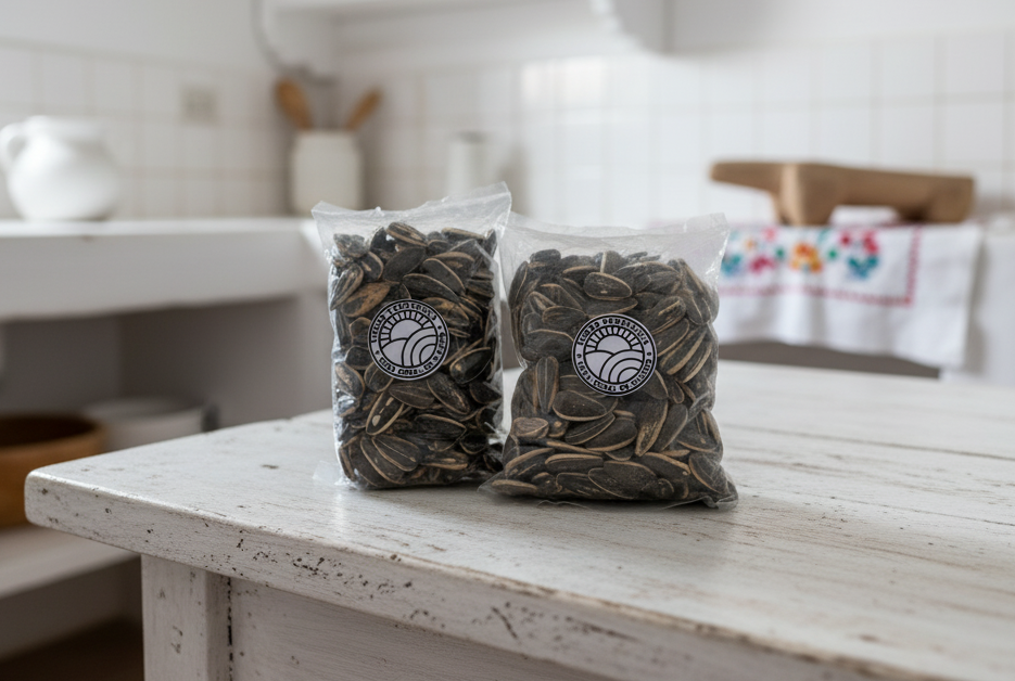 Dos bolsas transparentes de semillas de girasol sobre una mesa blanca desgastada. Cocina al fondo, desenfocada.