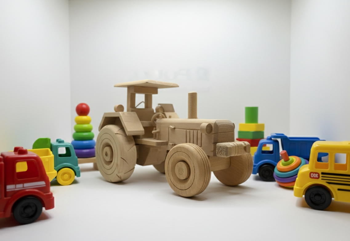 Tractor de juguete de madera rodeado de coloridos vehículos de juguete y bloques de construcción sobre una superficie blanca.