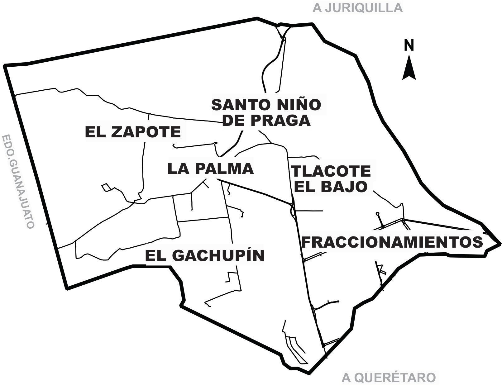 Map of the area including El ZAPOTE, La Palma, Tlacote el Bajo, Santo Niño de Praga, and El Gachupín.