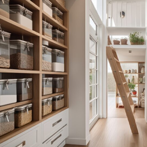 A pantry with a ladder and lots of jars on the shelves