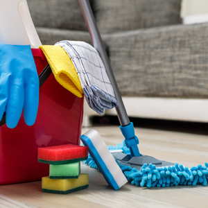 A red bucket filled with cleaning supplies including sponges and a mop