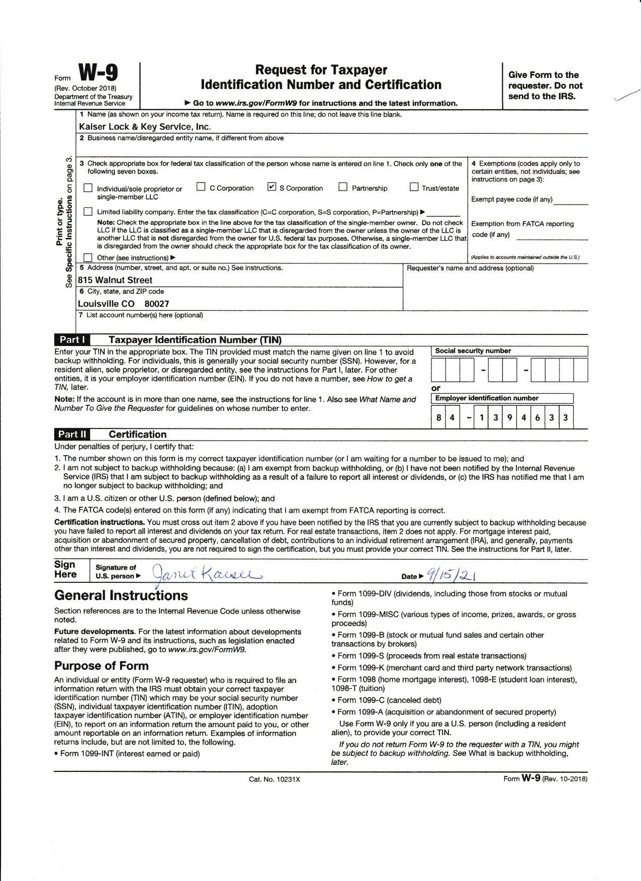 Request For Taxpayer Form — Boulder and Louisville CO — Kaiser Lock & Key Service, Inc.
