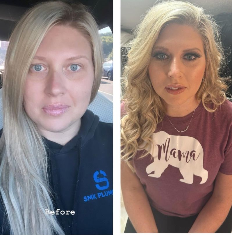 A before and after photo of a woman wearing a mama bear shirt