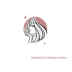 A logo for aesthetics and makeup artistry with a woman 's face in a circle.