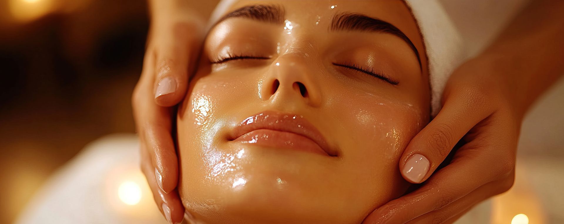 A woman is getting a facial massage at a spa.