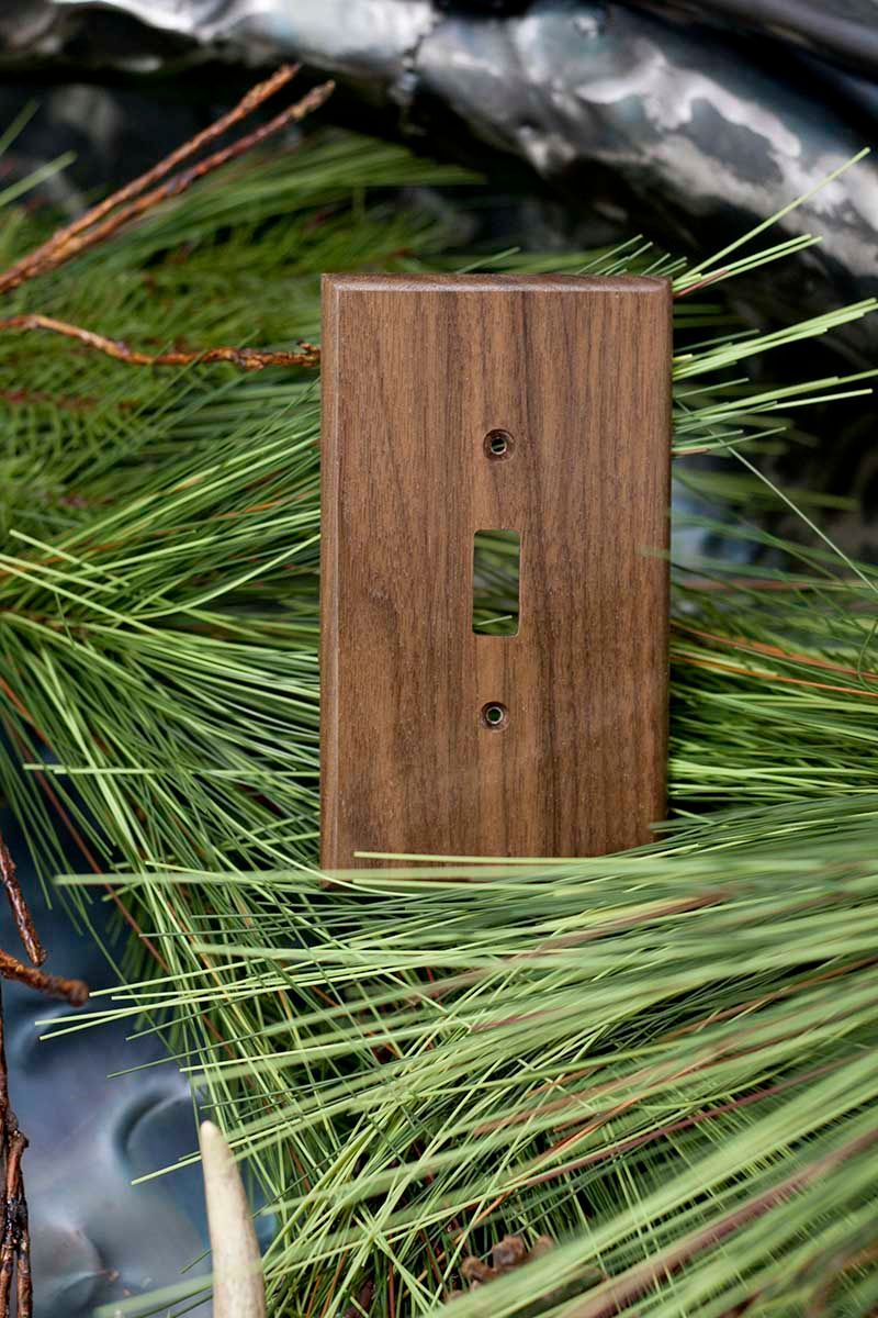 A wooden light switch cover is surrounded by pine needles