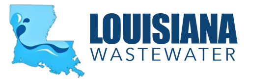 Louisiana Wastewater logo featuring a blue Louisiana map and text in dark blue.