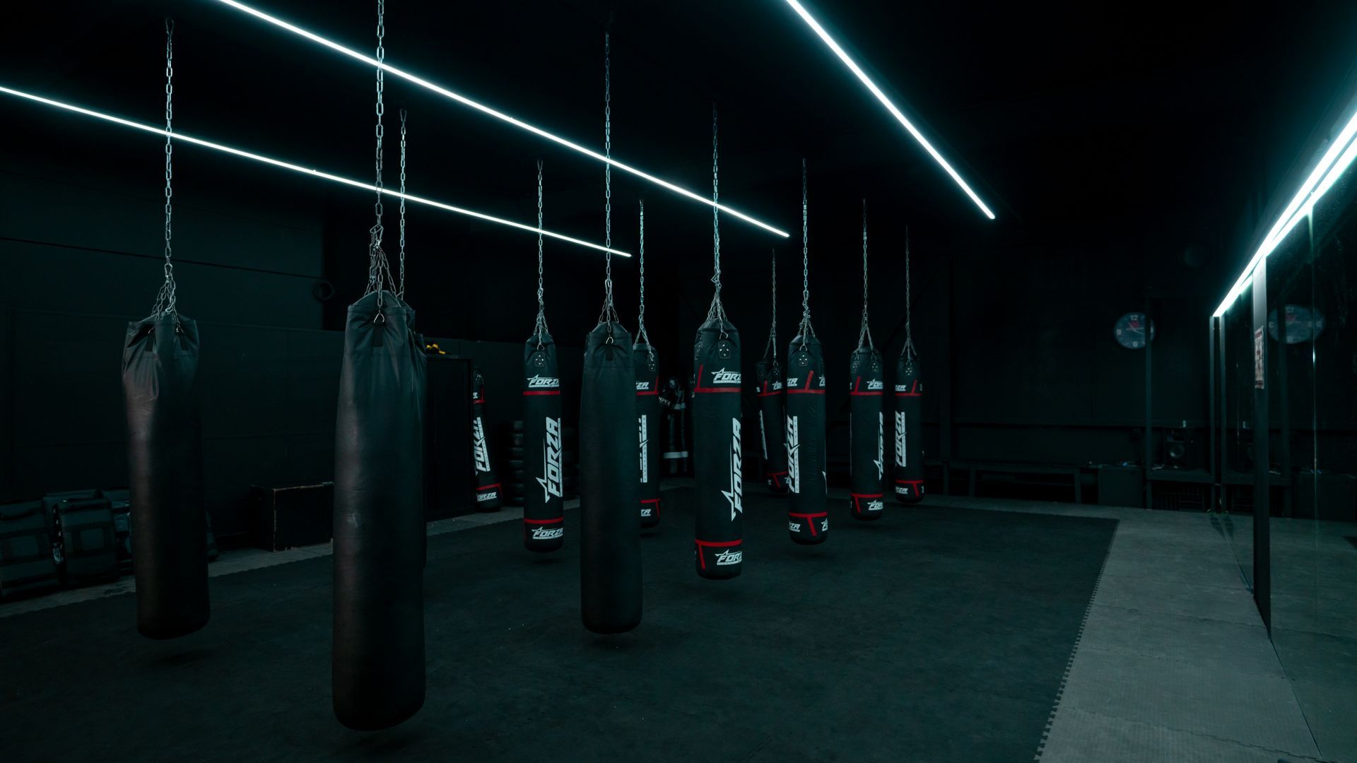 Een persoon tilt een halter op in een sportschool.