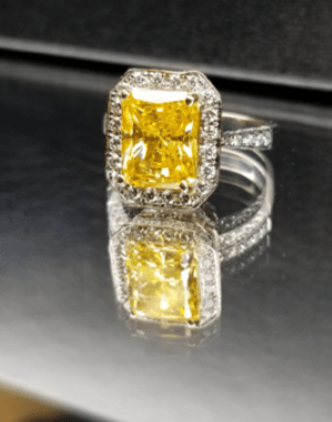 A ring with a large yellow diamond in the center