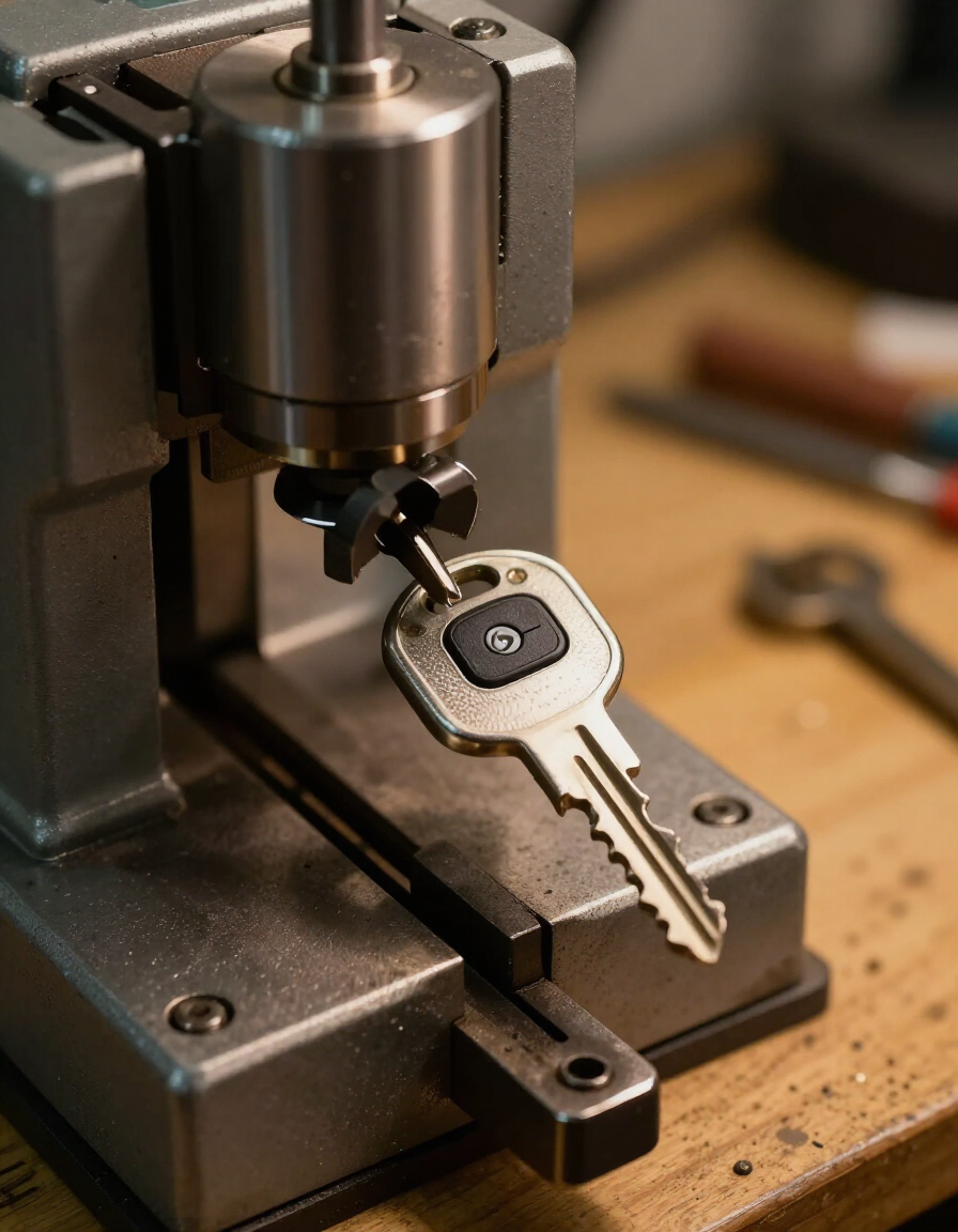 Metalworking machine cutting a silver key blank on a workshop bench