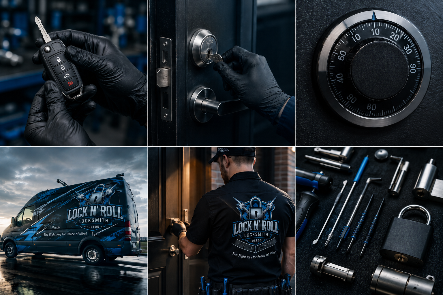 Black tactical gear and a branded van in a dark blue automotive security-themed collage