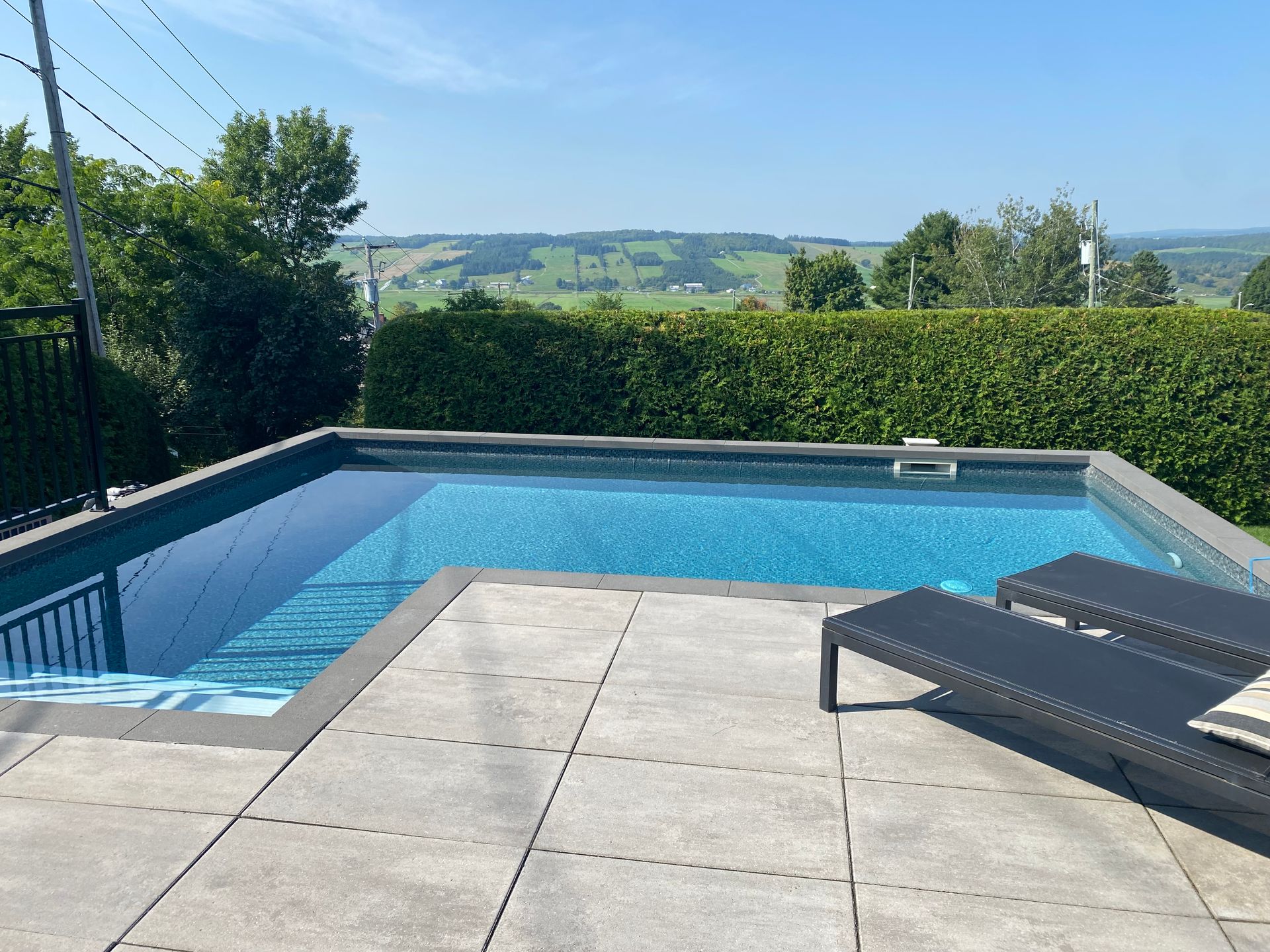 Une grande piscine est entourée de chaises longues et d'une haie.