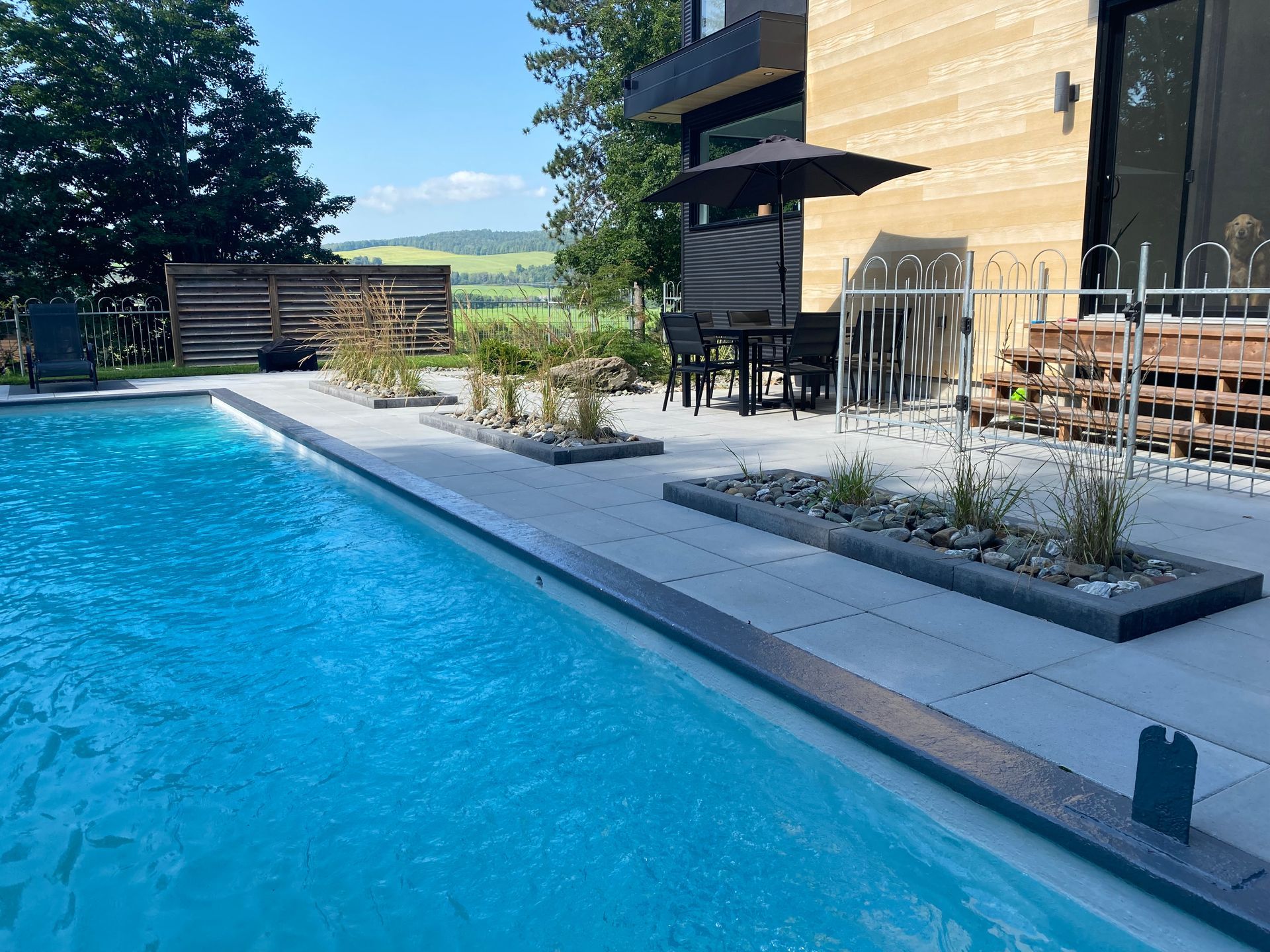 Il y a une grande piscine dans l'arrière-cour d'une maison.