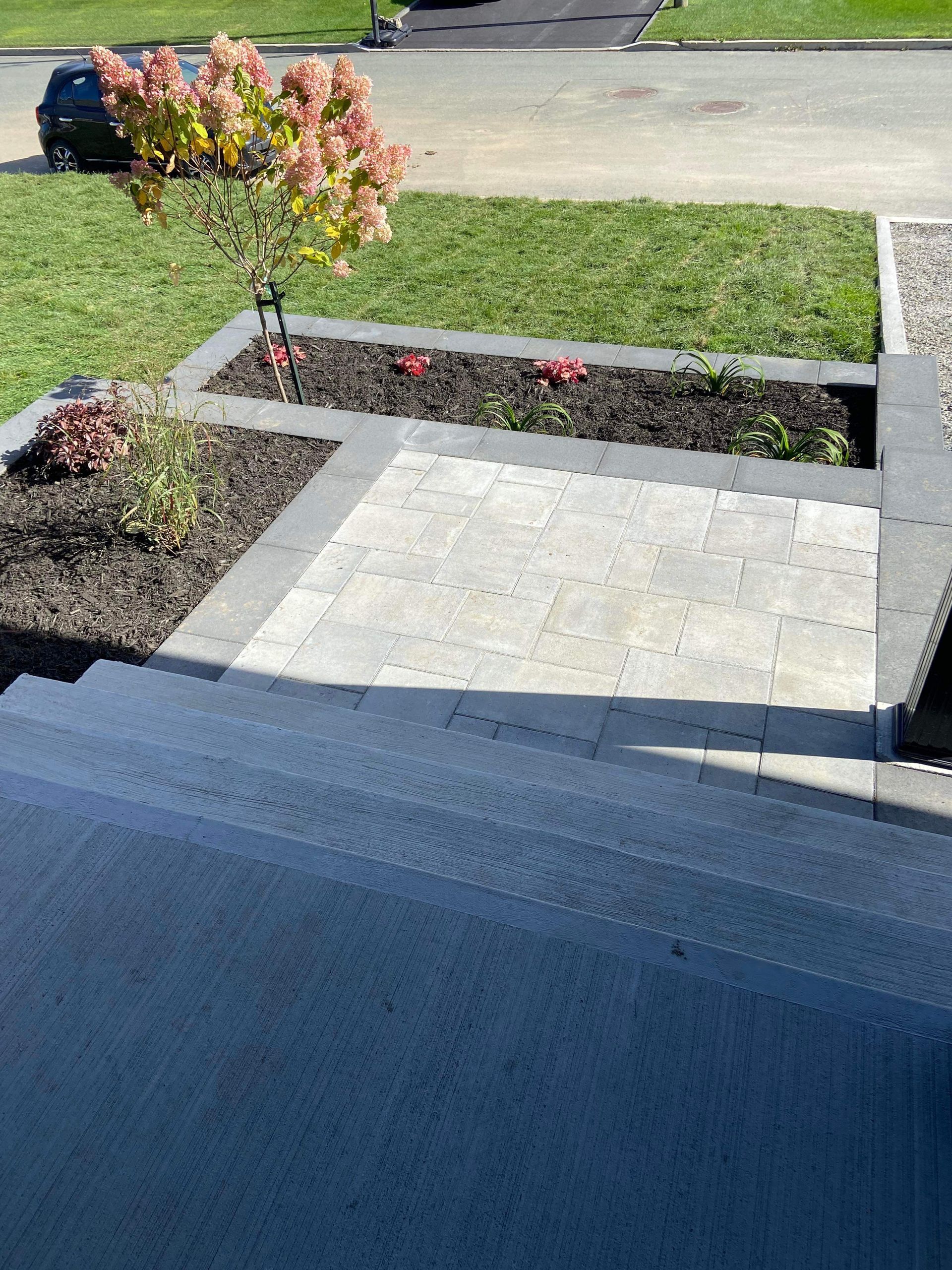 Une voiture noire est garée sur le bord de la route devant une cour verdoyante.