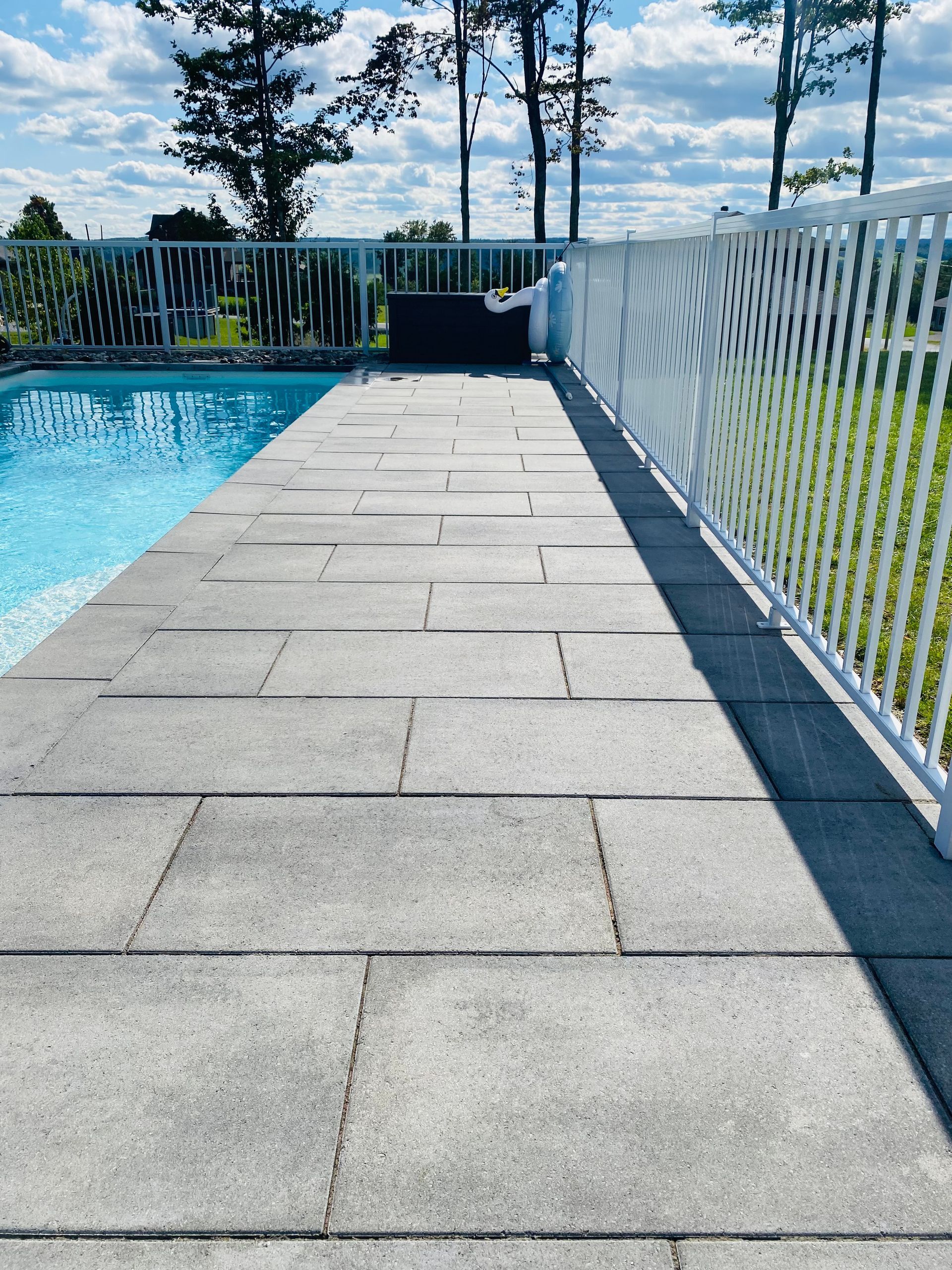 Une passerelle menant à une piscine avec des arbres en arrière-plan