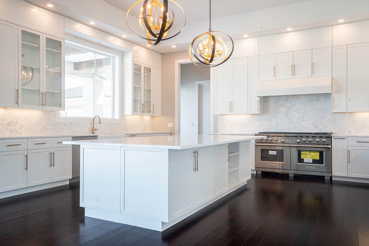 beautiful white elegant kitchen with wooden floor