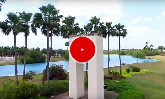 a white sculpture with a red circle in the middle is surrounded by palm trees and a lake .