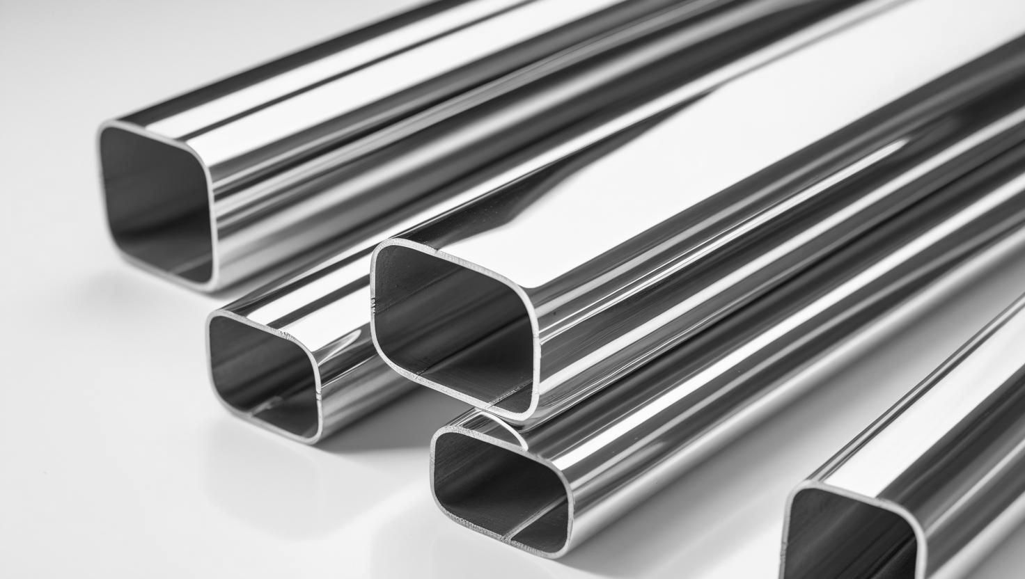 A bunch of stainless steel tubing are stacked on top of each other on a white surface.