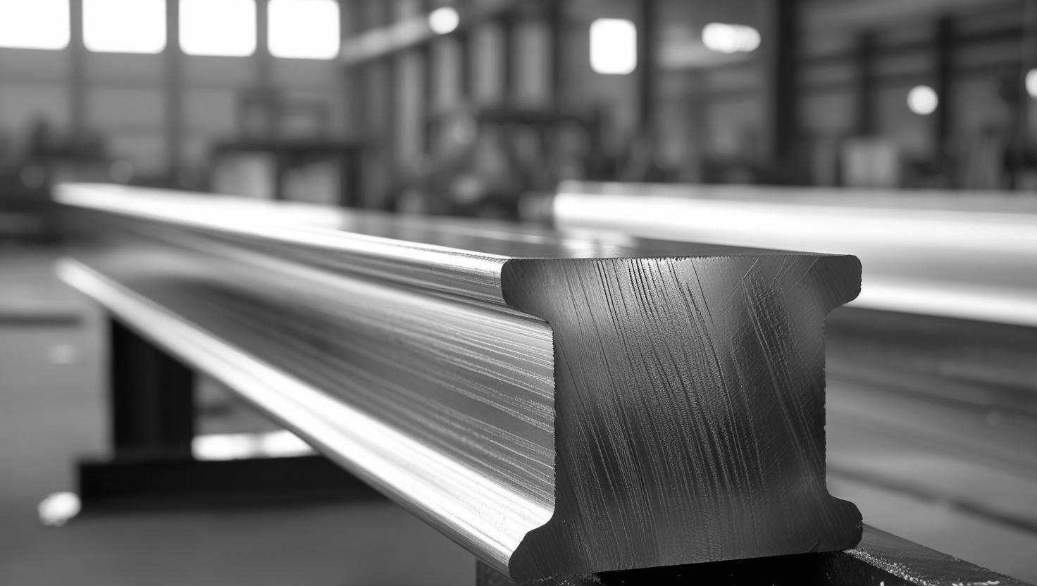 A black and white photo of a metal beam in a factory.