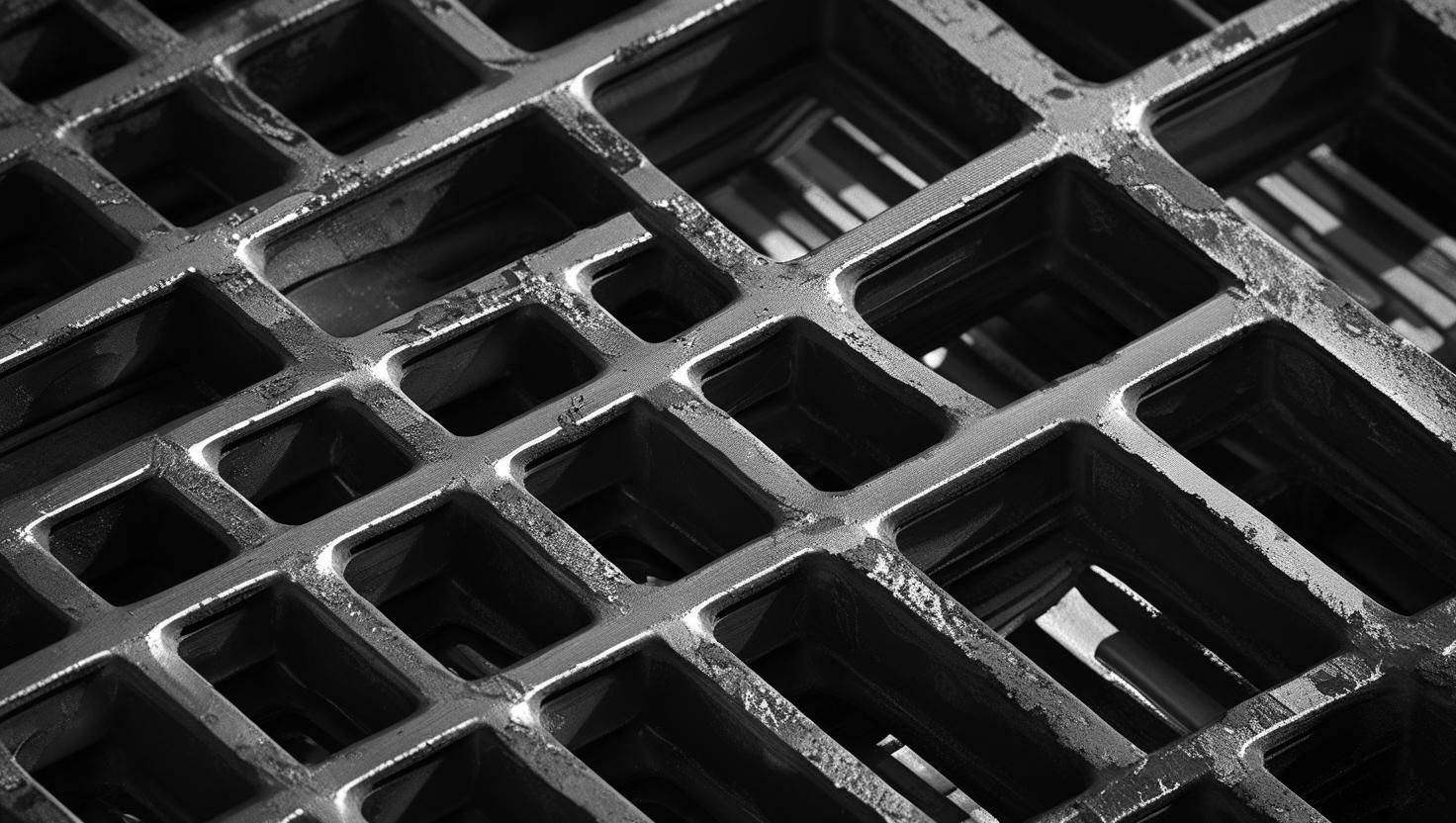 A black and white photo of a metal grate.
