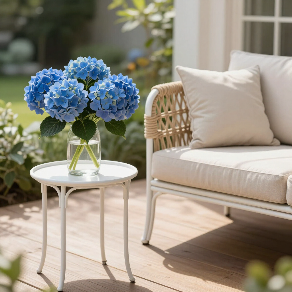 metal and white couch with rope and blue hydrangea flowers
