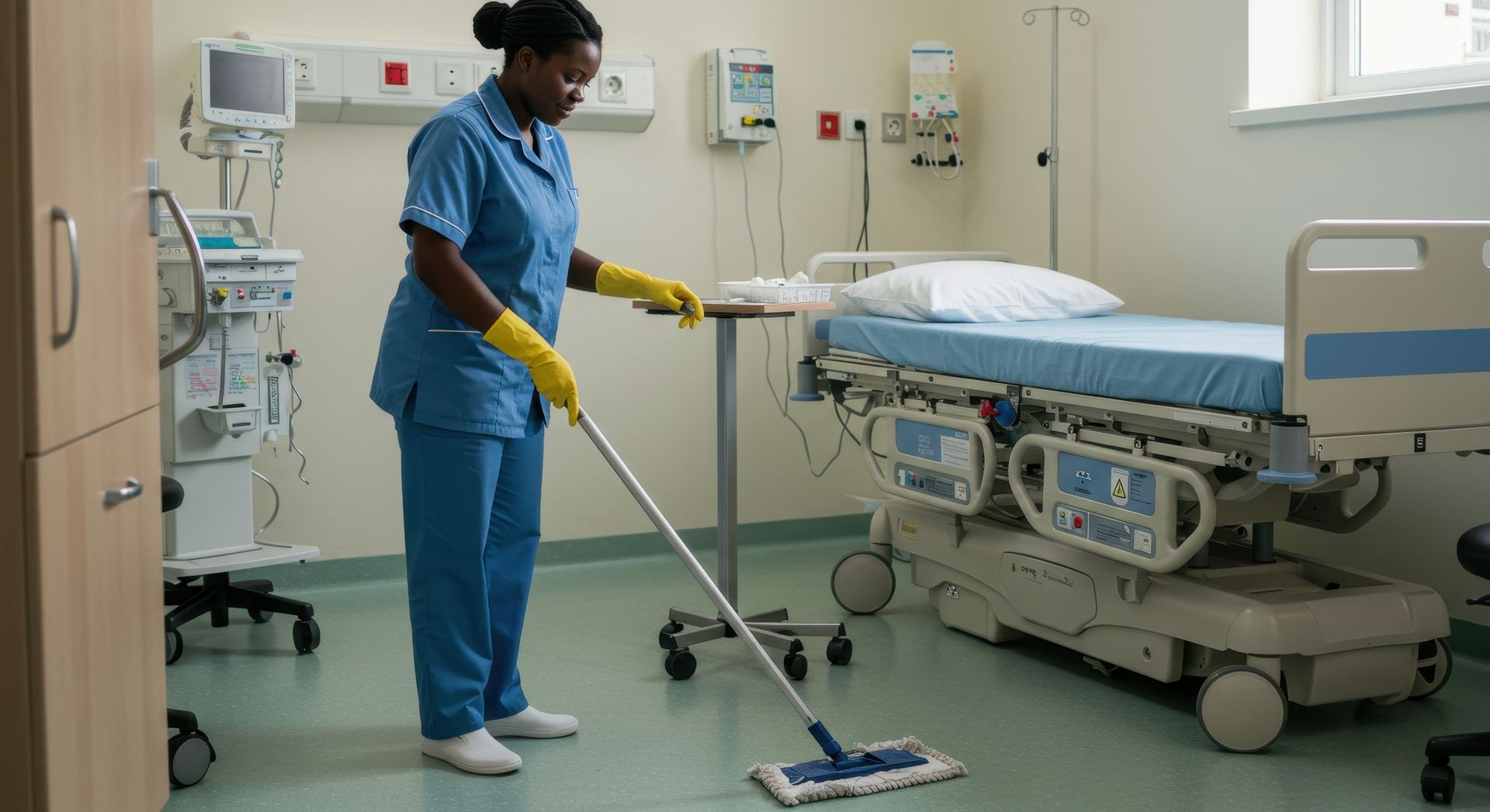A nurse is cleaning the floor of a hospital room with a mop.