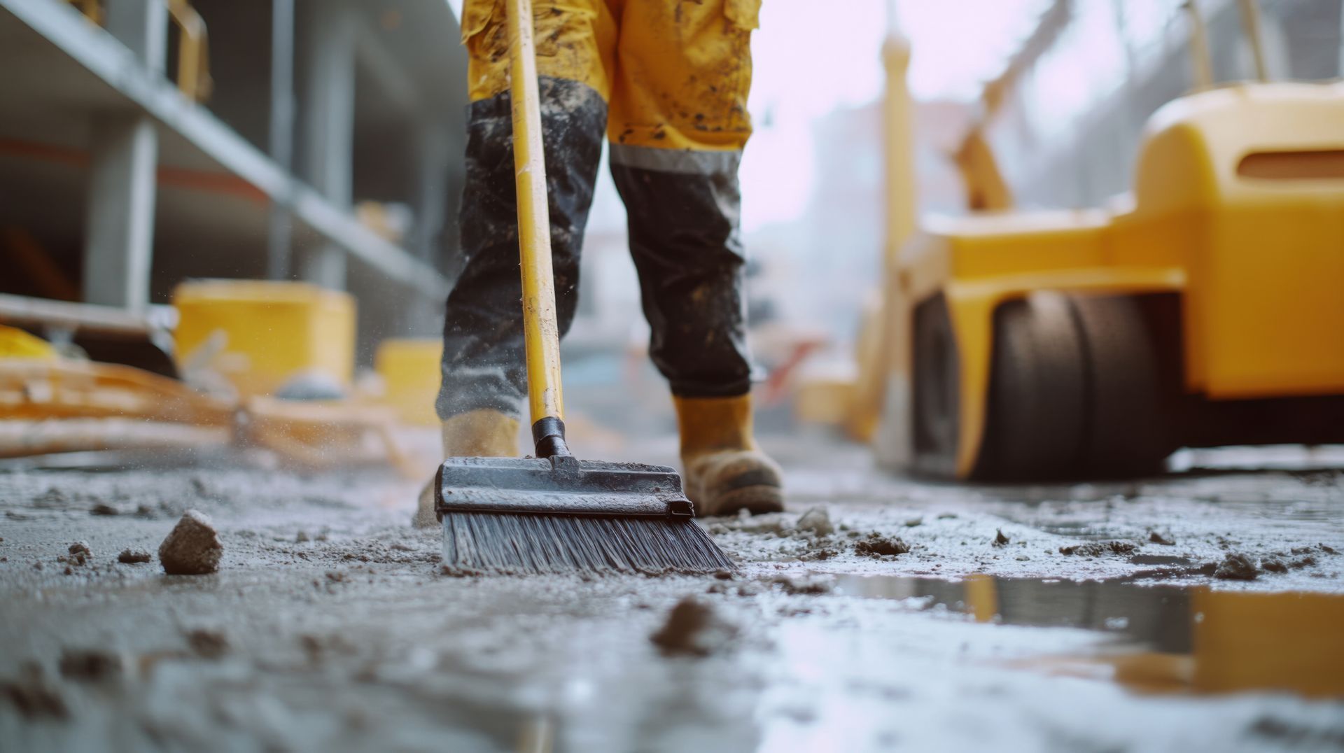 A construction worker is sweeping the ground with a broom on a construction site.