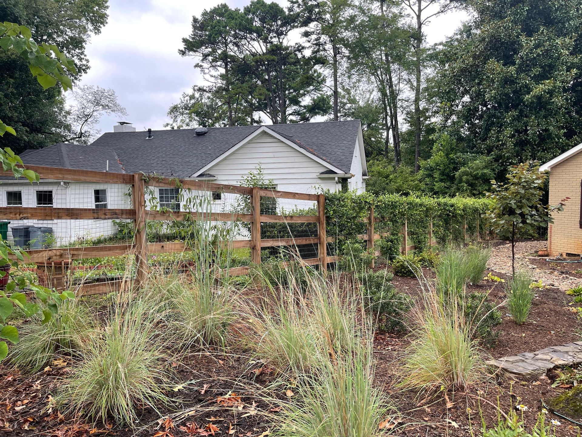A backyard garden with a wooden fence, green plants, and a white house in the background.