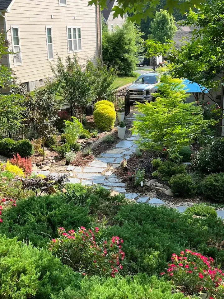Stone path through a lush garden with diverse plants, leading to a street with a car and houses.