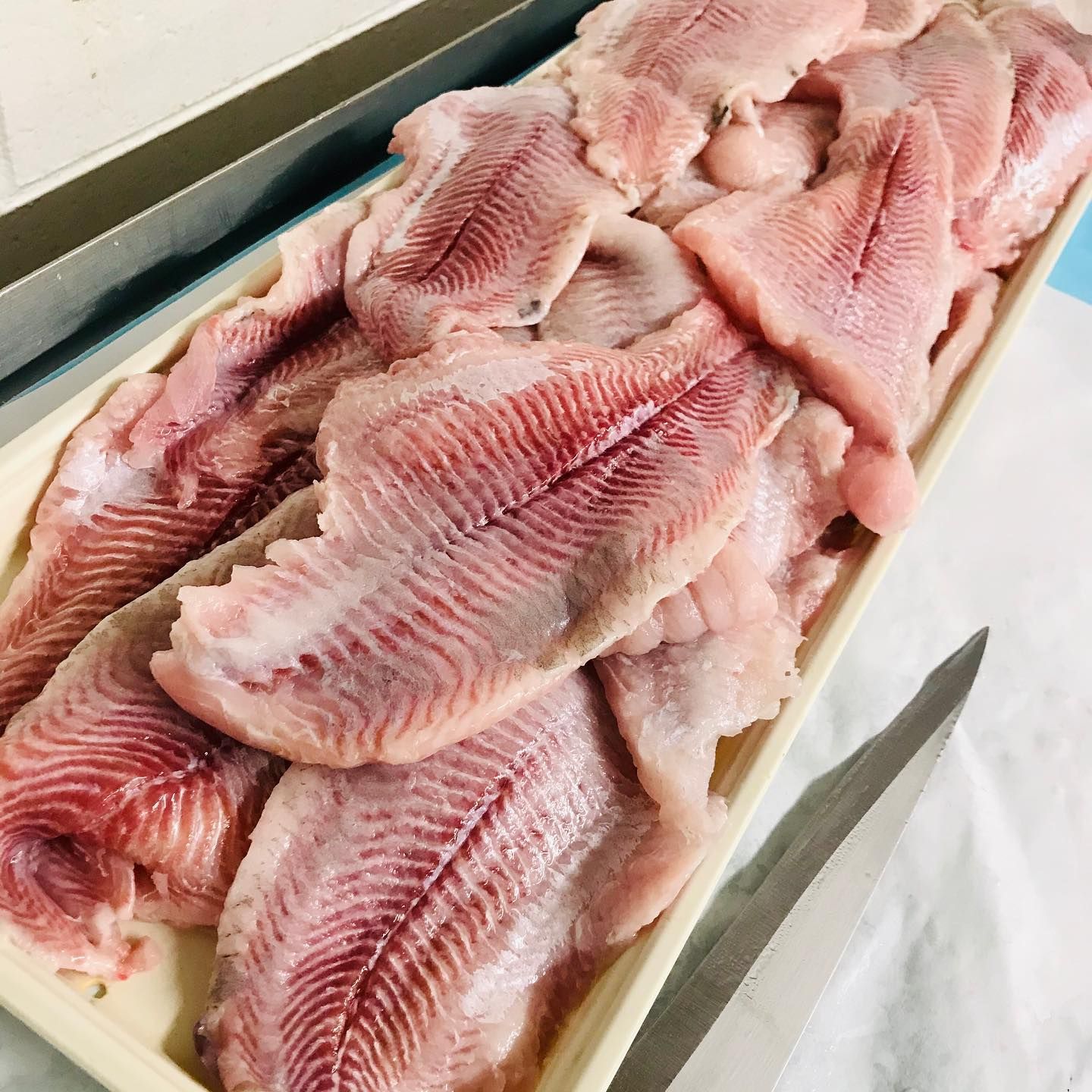 Raw fish fillets on a tray, light pink with visible red bone structure, near a knife.