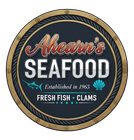 Round logo for Ahearn's Seafood, established 1965. Features text, a marlin, and a shell on a navy and gold background.