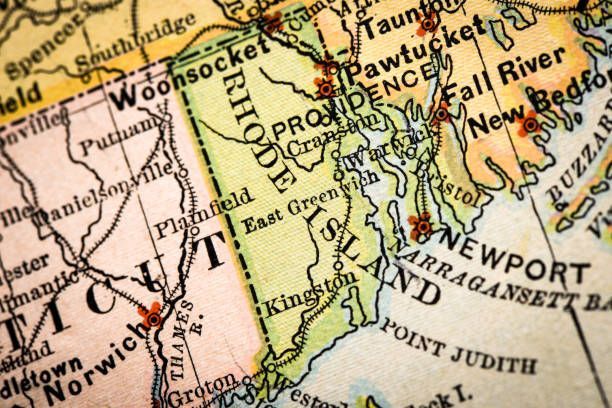 Map of Rhode Island and surrounding areas, highlighting cities like Providence and Newport.