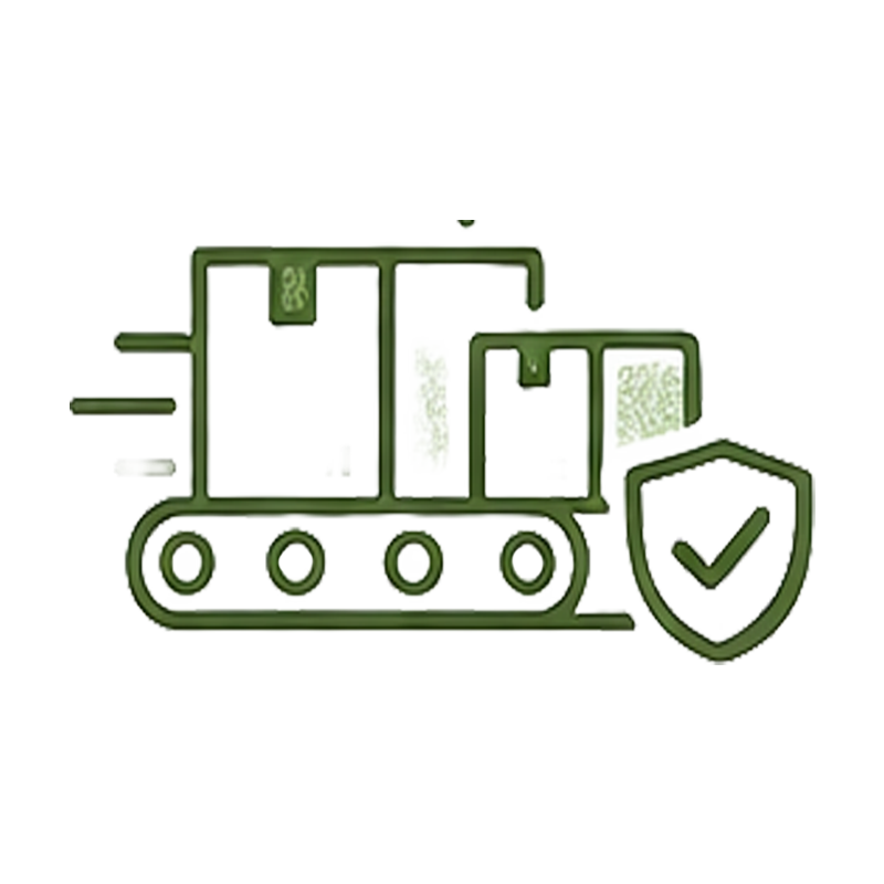 綠色圖示：傳送帶上的箱子有對勾盾牌，表示安全運輸。