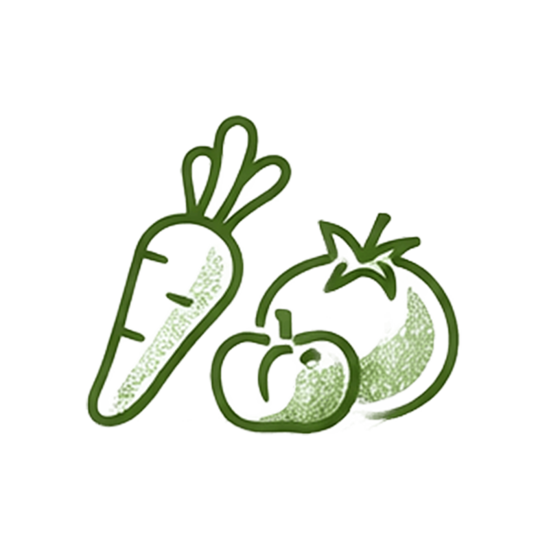 用綠色線條勾勒出的胡蘿蔔、蘋果和番茄。