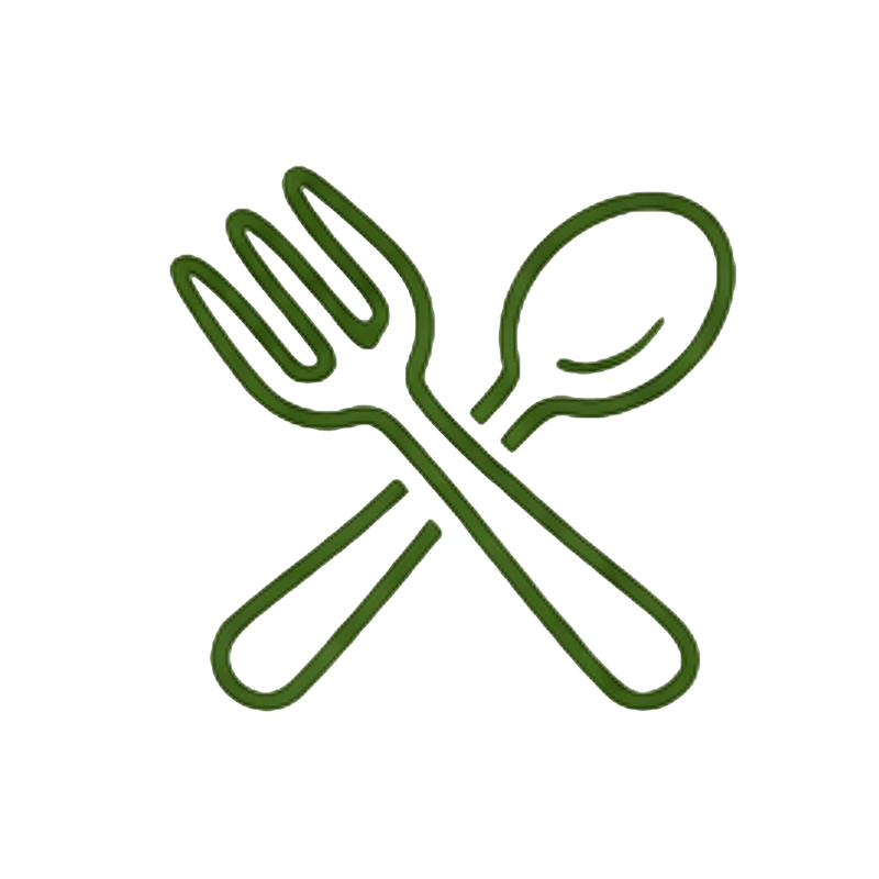 綠色輪廓的叉子和湯匙交叉，代表食物或用餐。