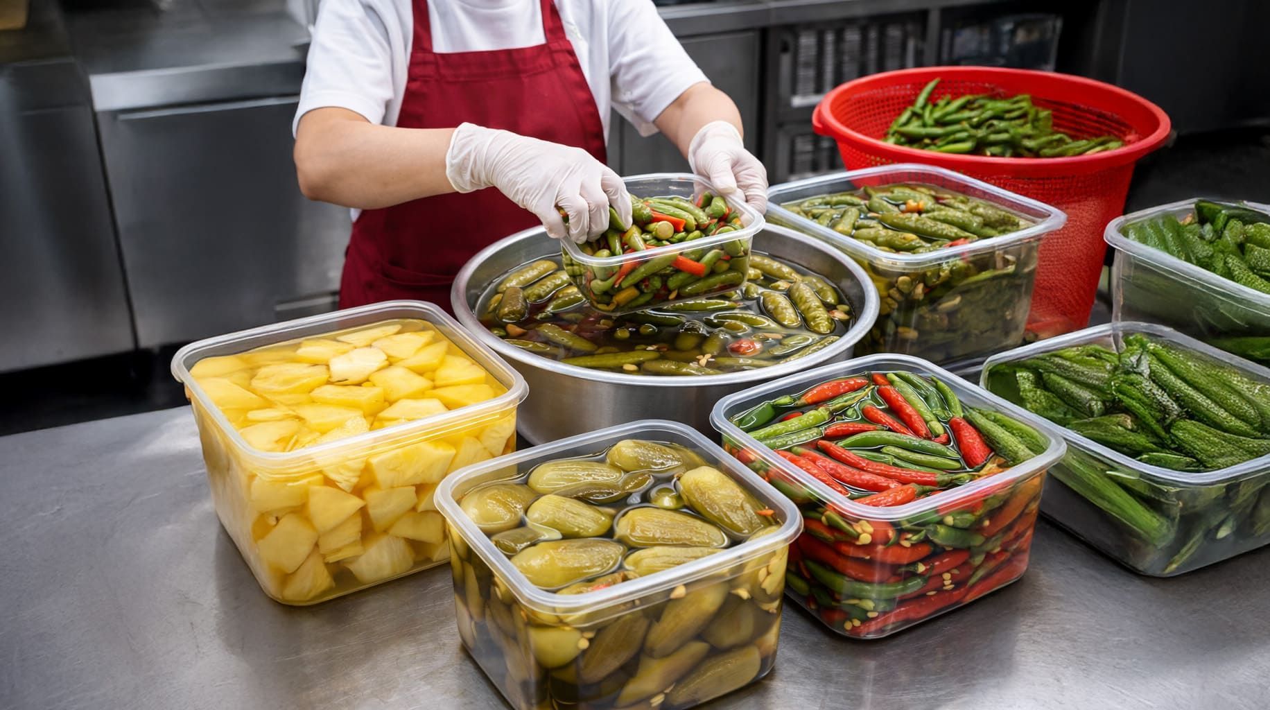 一名身穿圍裙、戴著手套的人正在將醃製蔬菜放入容器中。