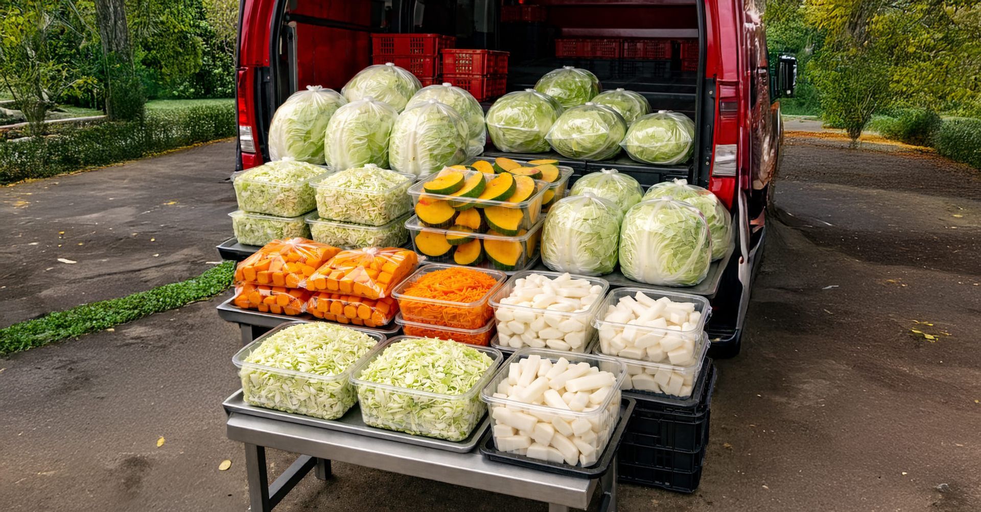 一輛紅色貨車後方擺放著待售的蔬菜：高麗菜、胡蘿蔔、南瓜等等。