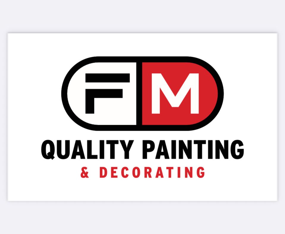FM Quality Painting & Decorating logo in black, red, and white with bold text.