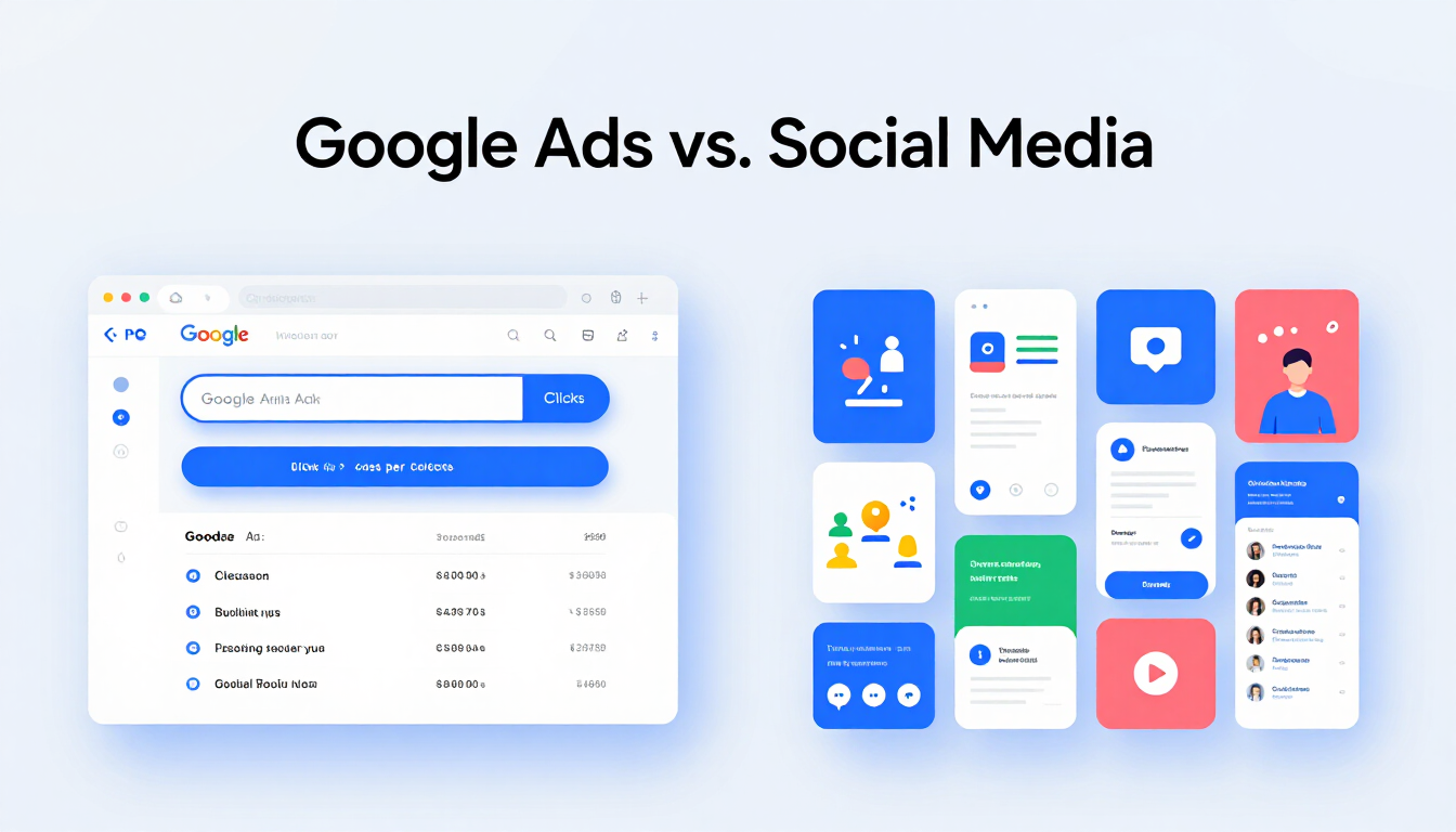 Icons comparing Google Ads search intent versus social media engagement.