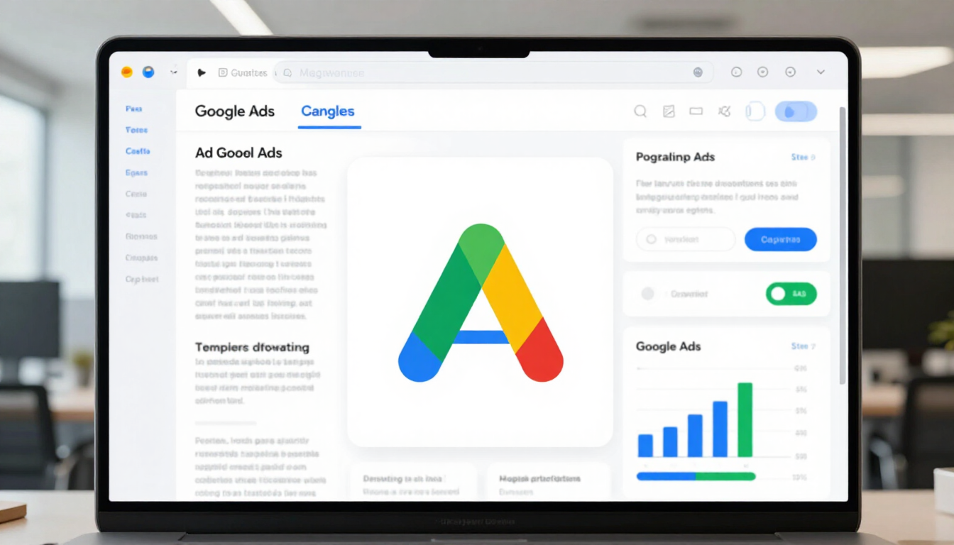 Laptop displaying a Google Ads dashboard with performance charts.