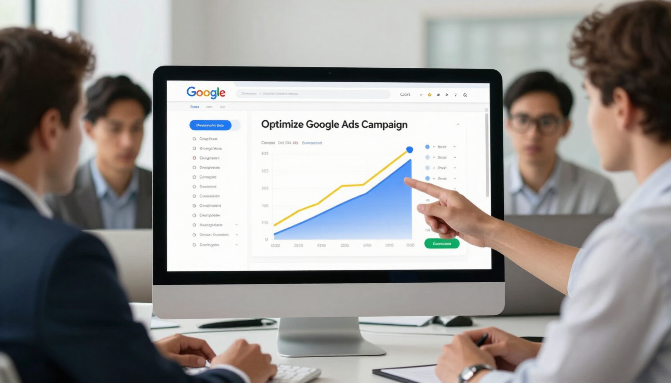 Team analyzing Google Ads campaign performance charts on a monitor.