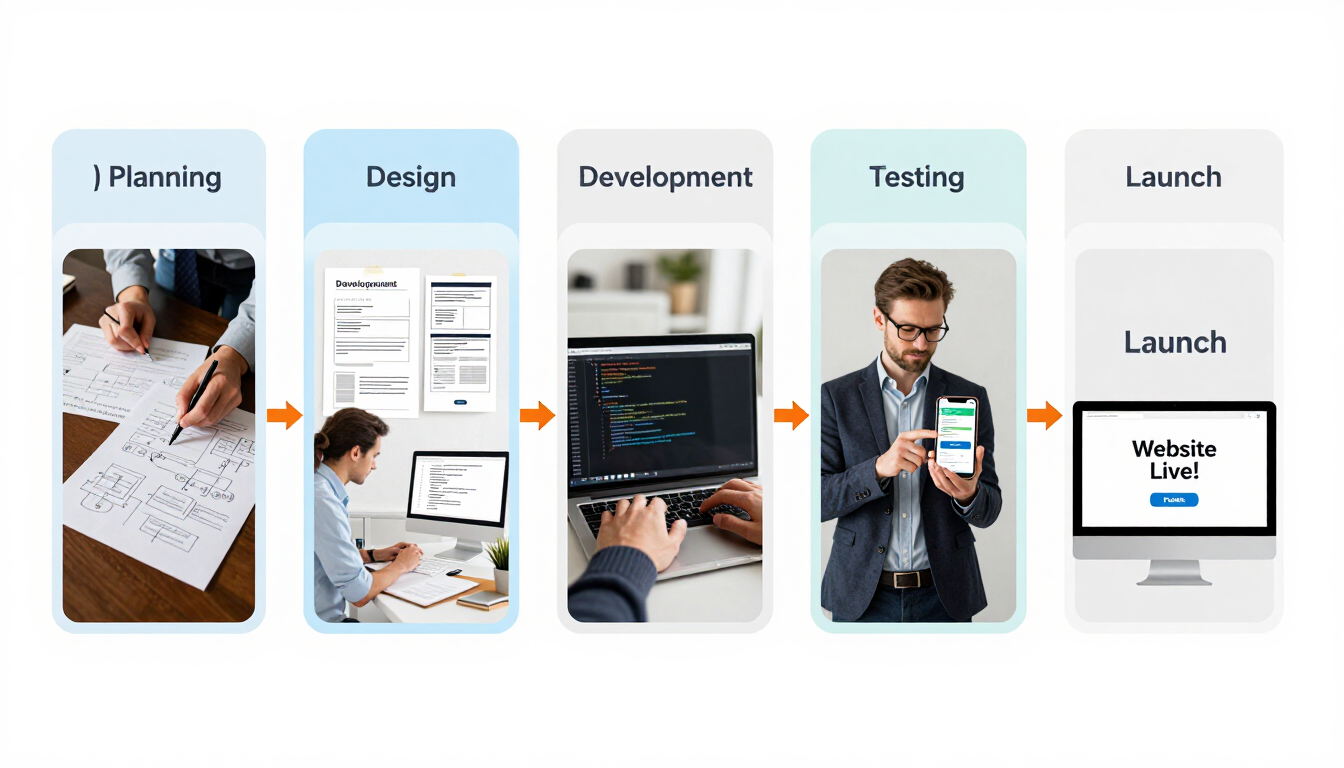 Timeline graphic showing website project phases from planning to launch with icons.
