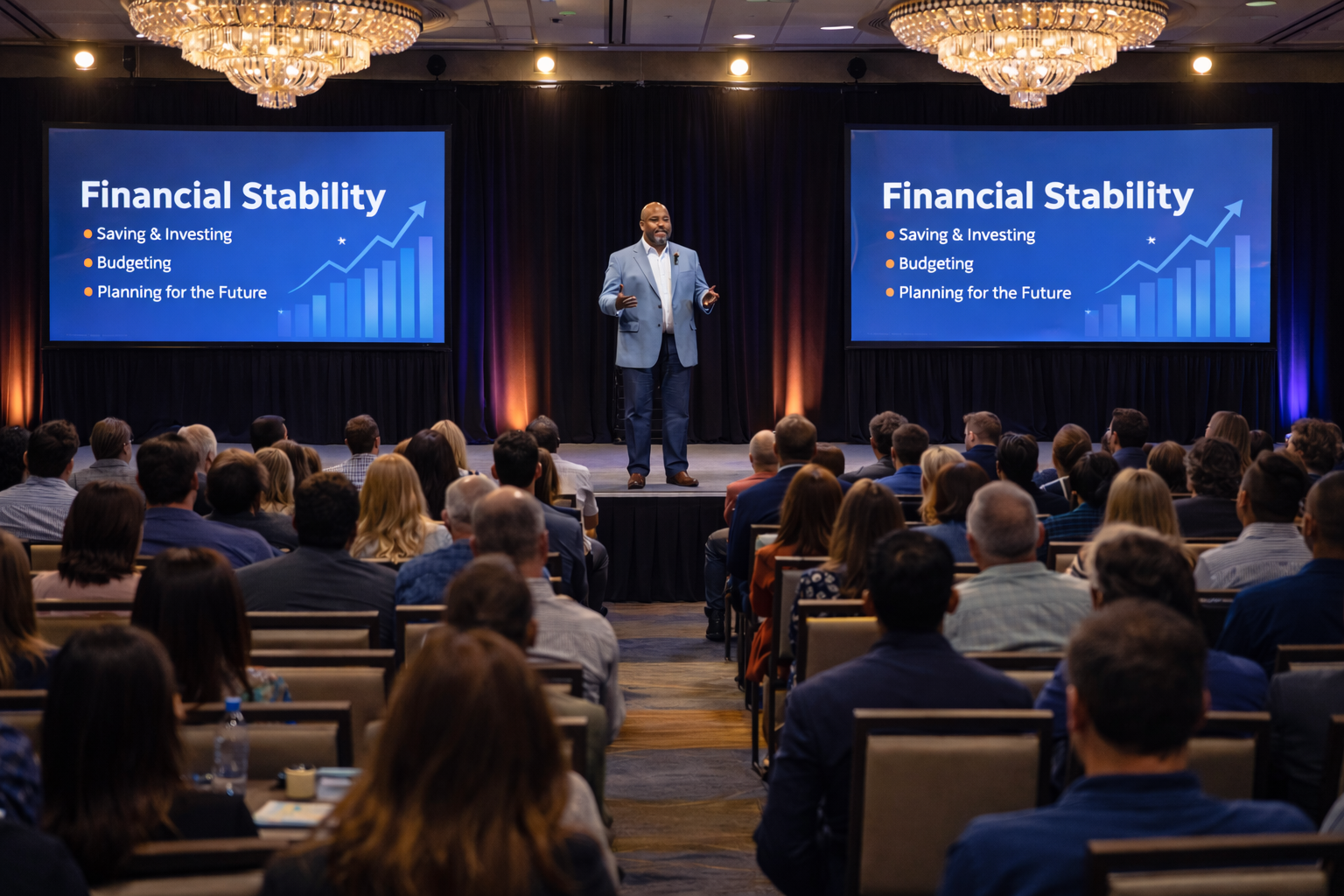 Man presenting on stage about financial stability to an audience in a conference hall.