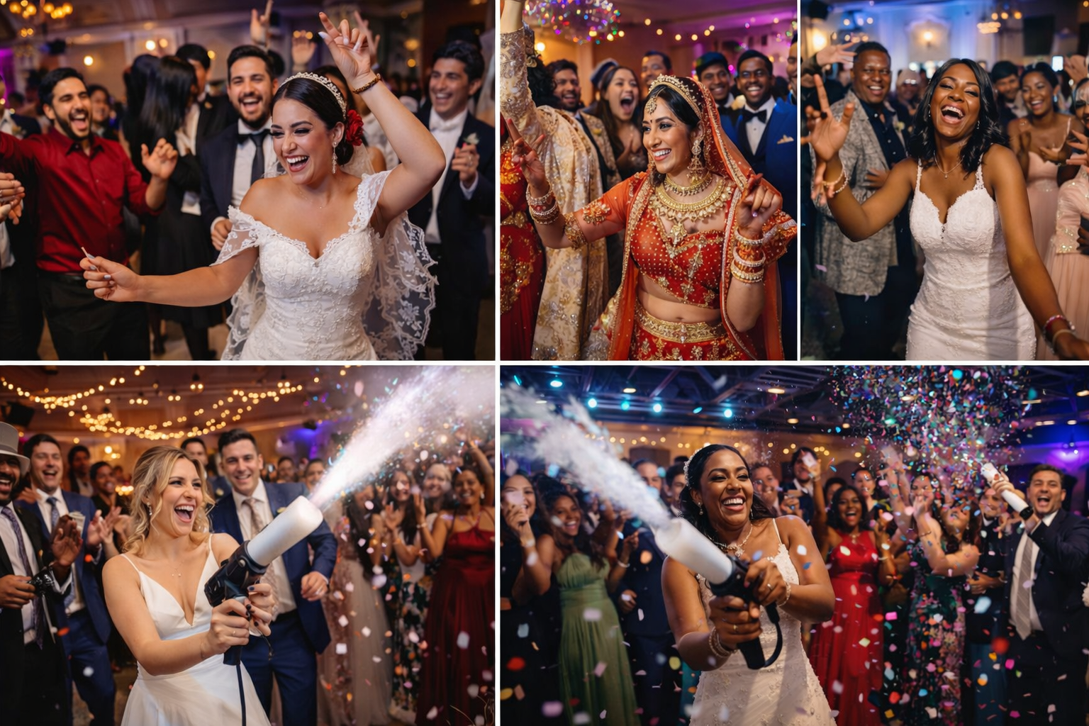 Wedding celebrations: brides dancing, guests cheering, confetti blasts, festive atmosphere indoors.
