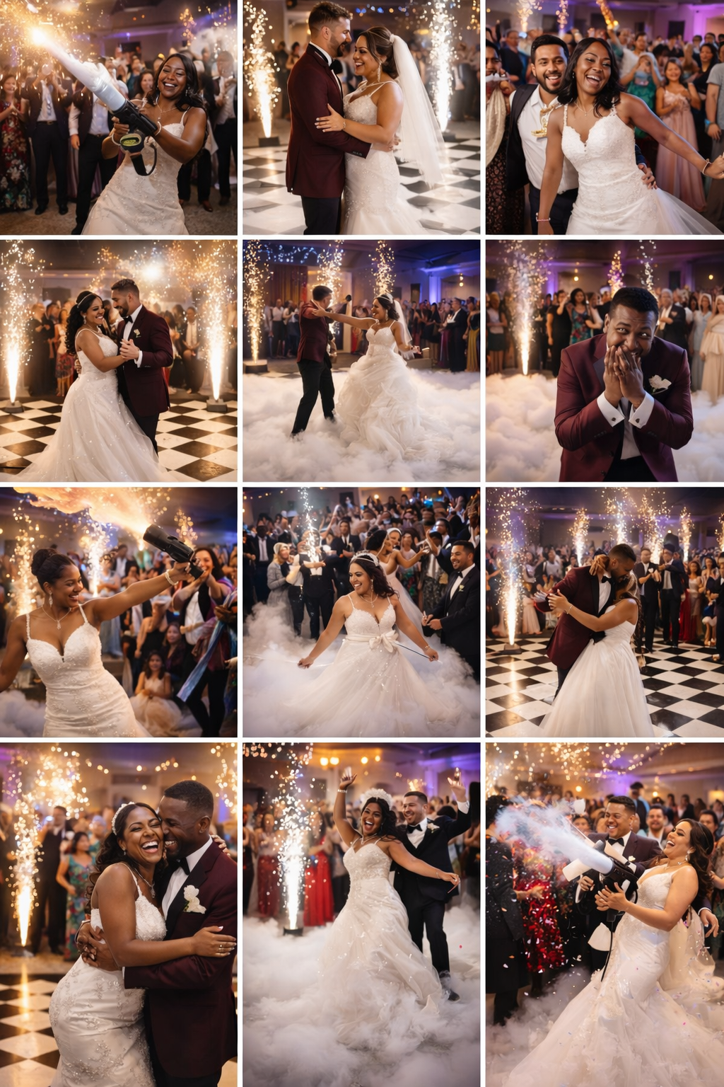 Wedding reception: Bride and groom dancing, celebrating with guests, and fireworks in a ballroom setting.